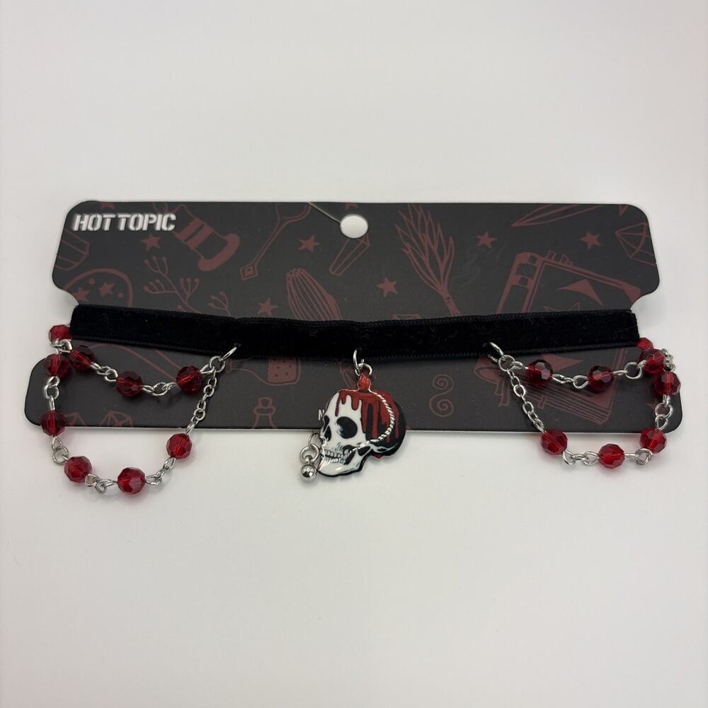 New Hot Topic Skull Candle Draped Chocker Necklace Black Red Gothic Beads Velvet